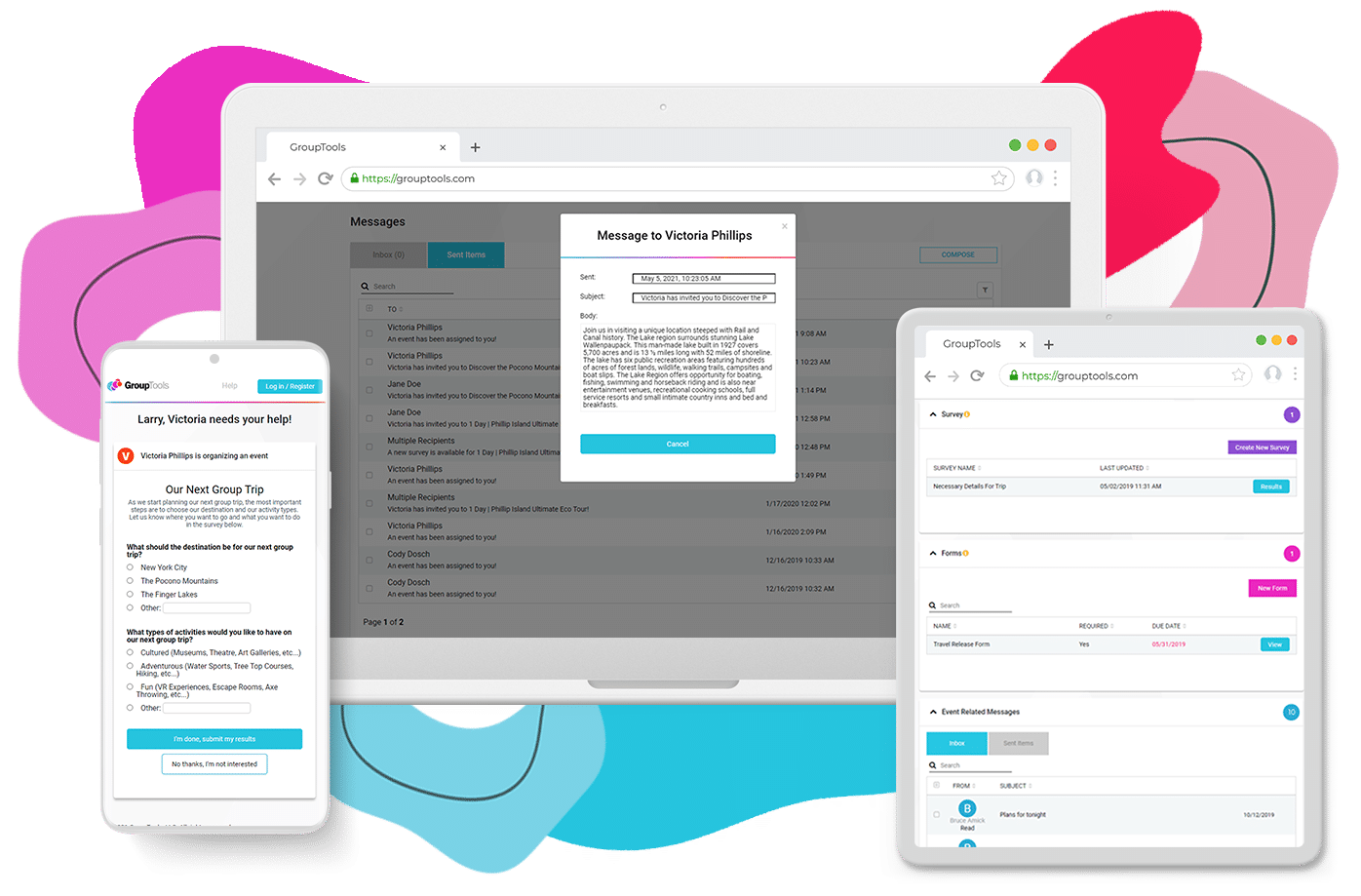 GroupTools keeps your event communications simple and organized for everything from messages to forms.